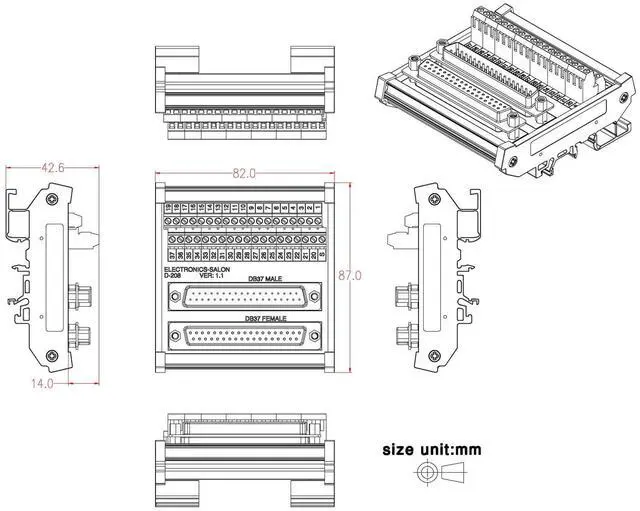 Alt view image 4 of 7 - Electronics-Salon DB37 D-SUB DIN Rail Mount Interface Module, Male/Female, DSUB Breakout Board.
