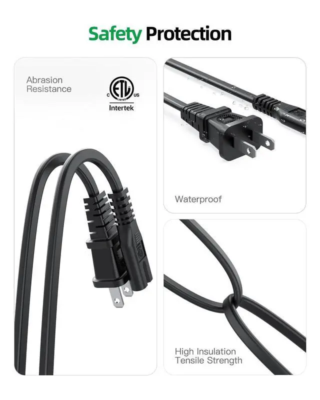 Alt view image 5 of 7 - Superer 2 Pack 6 ft AC Power Cord Cable Fit for Sony PS5 PS4 PS3 Slim PlayStation 5 4 3, Xbox Series X/S, Xbox One X/S, TV, Printer, Speaker Universal 2 Prong C7 Cables Replacement - (ETL Listed)