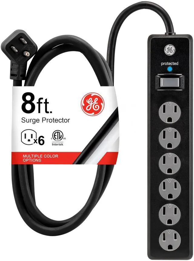 Main image of GE Surge Protector Power Strip, 8 Ft Extension Cord, 6 Outlet Extender, 1300 Joules, Flat Plug, Twist-to-Close Safety Covers, ETL Listed, Black, 33662
