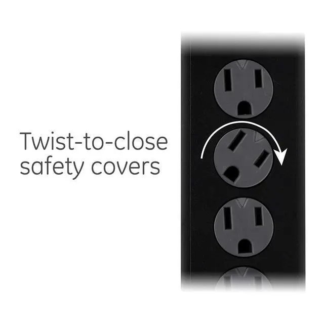 Alt view image 6 of 7 - GE Surge Protector Power Strip, 8 Ft Extension Cord, 6 Outlet Extender, 1300 Joules, Flat Plug, Twist-to-Close Safety Covers, ETL Listed, Black, 33662