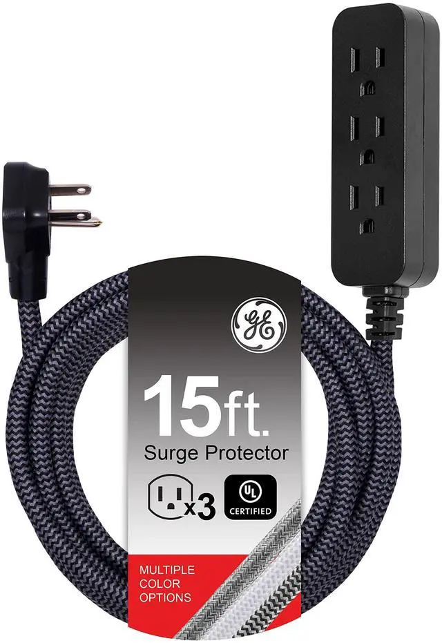 Main image of GE 3-Outlet Power Strip Surge Protector 15 Ft Braided Long Cord Extension Cord Surge Protector Power Strip Flat Plug Extension Cord 250 Joules ETL Listed Black 44237