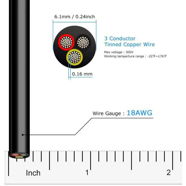 Alt view image 4 of 7 - DEKIEVALE 18 Gauge 3 Conductor Electrical Wire, 16.4FT Black Stranded Low Voltage 18/3 Wire PVC Case, 18 AWG Tinned Copper 3 Wire Cable, Flexible Extension Power Cord for LED Lamp Lighting, Automotive
