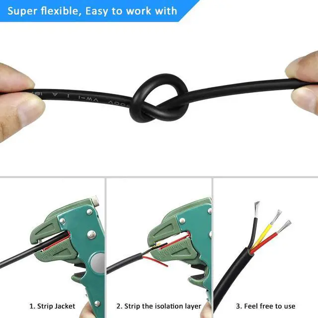 Alt view image 7 of 7 - DEKIEVALE 18 Gauge 3 Conductor Electrical Wire, 16.4FT Black Stranded Low Voltage 18/3 Wire PVC Case, 18 AWG Tinned Copper 3 Wire Cable, Flexible Extension Power Cord for LED Lamp Lighting, Automotive