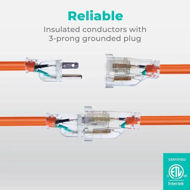 Alt view image 5 of 7 - KMC 50ft 16AWG Outdoor Extension Cord, SJTW 16/3 Lighted Power Cord, Bright Orange, ETL Certified (50ft/15.24m)