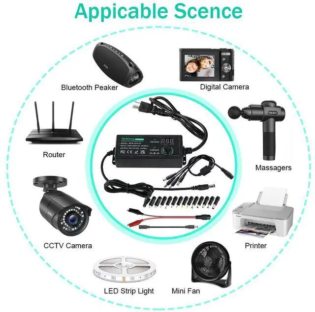Alt view image 7 of 7 - Universal Power Supply 3V~24V 3A 72W Adjustable Variable AC/DC Adapter Charger, 100V-240V AC to DC Converter with LED Voltage Display & 14 Tips & Polarity Converter & Test Lead