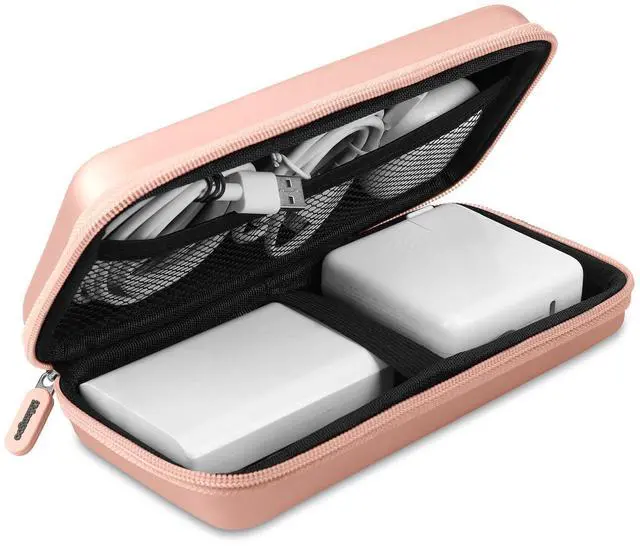 Main image of iMangoo Travel Essentials Electronics Organizer Charger Case Portable Dual Zipper Shockproof Pouch Tech Purse Cord Cable Pouches Power Bank Storage Accessories Bag for Women Men,8.5x4.5x2 Rose Gold