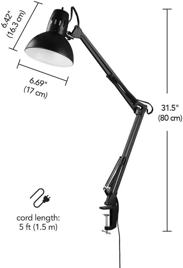 Alt view image 6 of 7 - 56963 31.5" Multi-Joint Desk Lamp with Metal Clamp, Black, On/Off Rotary Switch on Shade, Partially Adjustable Swing Arm, Home Essentials, Reading Light, Office Décor