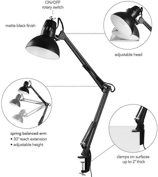 Alt view image 7 of 7 - 56963 31.5" Multi-Joint Desk Lamp with Metal Clamp, Black, On/Off Rotary Switch on Shade, Partially Adjustable Swing Arm, Home Essentials, Reading Light, Office Décor