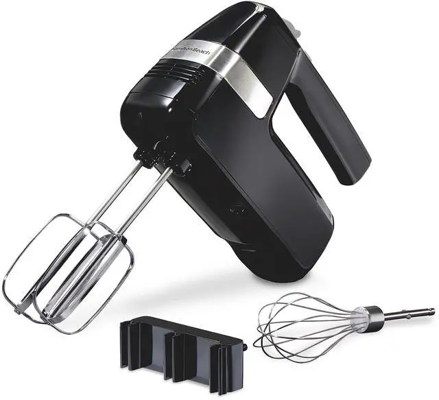 Main image of Hamilton Beach Electric Hand Mixer, 6 Speeds + Stir Button, 300 Watts of Peak Power for Powerful Mixing, Includes Whisk and Storage Clip, Black (62628)