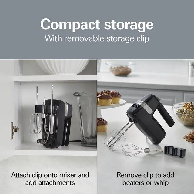 Alt view image 4 of 7 - Hamilton Beach Electric Hand Mixer, 6 Speeds + Stir Button, 300 Watts of Peak Power for Powerful Mixing, Includes Whisk and Storage Clip, Black (62628)