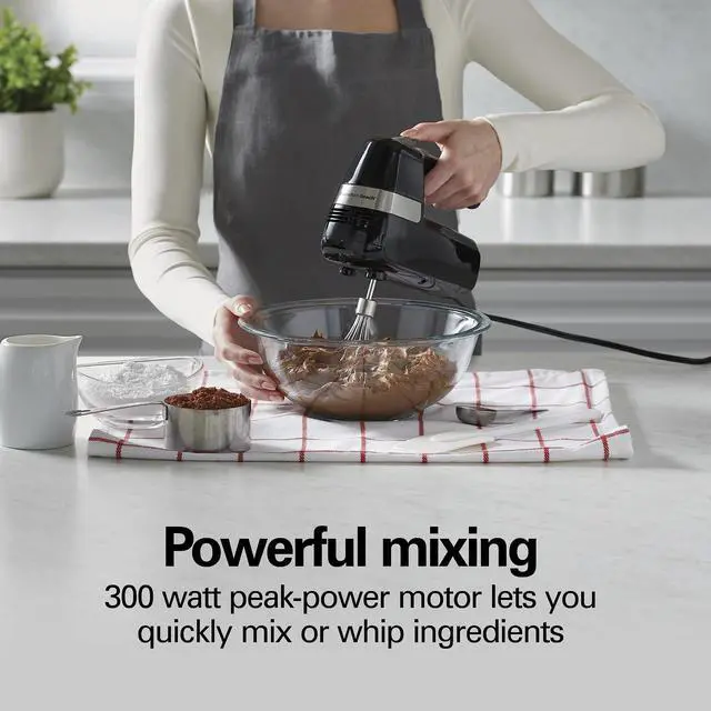 Alt view image 5 of 7 - Hamilton Beach Electric Hand Mixer, 6 Speeds + Stir Button, 300 Watts of Peak Power for Powerful Mixing, Includes Whisk and Storage Clip, Black (62628)