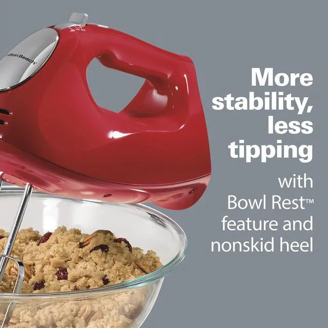 Alt view image 6 of 7 - Hamilton Beach 6-Speed Electric Hand Mixer with Whisk, Traditional Beaters, Dough Hooks, Snap-On Storage Case, 275 Watts, Red