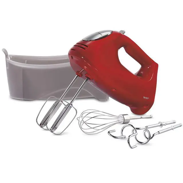 Main image of Hamilton Beach 6-Speed Electric Hand Mixer with Whisk, Traditional Beaters, Dough Hooks, Snap-On Storage Case, 275 Watts, Red