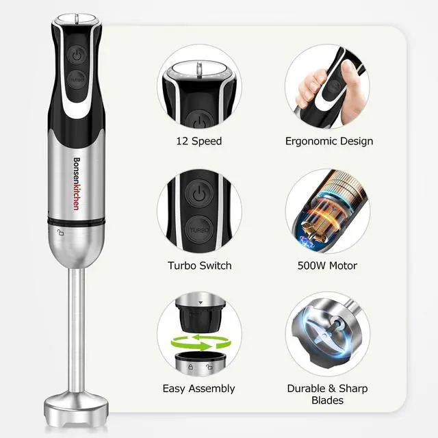 Alt view image 2 of 7 - Bonsenkitchen 4-in-1 Immersion Blender Handheld with Food Processor, 12 Speeds Hand Blender with Turbo Mode, Stainless Steel Blade, Egg Whisk, Beaker & Chopper Bowl, Stick Mixer for Smoothie, Puree