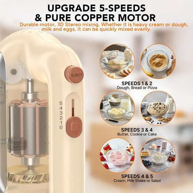 Alt view image 2 of 7 - Hand Mixer Electric, 5-Speed Small Handheld Mixer, 2* (Dough Hooks & Beaters) Food Blender, Kitchen Blender for Baking, Cream, Cookies, 304 Dishwasher Safe