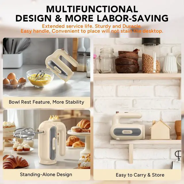 Alt view image 3 of 7 - Hand Mixer Electric, 5-Speed Small Handheld Mixer, 2* (Dough Hooks & Beaters) Food Blender, Kitchen Blender for Baking, Cream, Cookies, 304 Dishwasher Safe