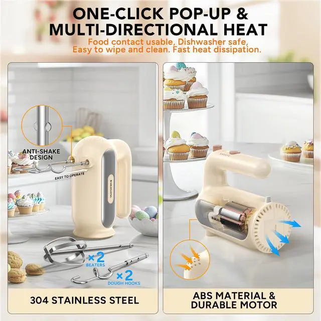 Alt view image 4 of 7 - Hand Mixer Electric, 5-Speed Small Handheld Mixer, 2* (Dough Hooks & Beaters) Food Blender, Kitchen Blender for Baking, Cream, Cookies, 304 Dishwasher Safe