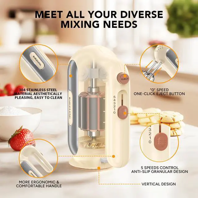 Alt view image 6 of 7 - Hand Mixer Electric, 5-Speed Small Handheld Mixer, 2* (Dough Hooks & Beaters) Food Blender, Kitchen Blender for Baking, Cream, Cookies, 304 Dishwasher Safe