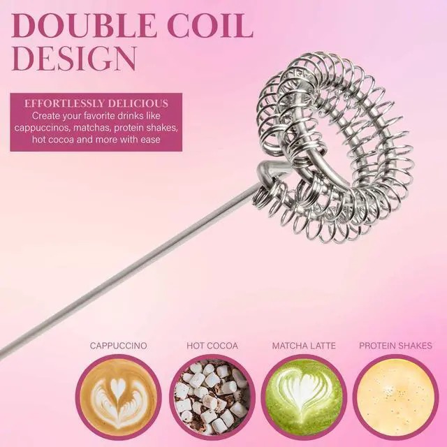 Alt view image 3 of 7 - Paris Hilton Electric Handheld Milk Frother with Double Coil Head Whisk and Gold Metal Stand, Battery Powered (2 AA Batteries Required but Not Included), Pink