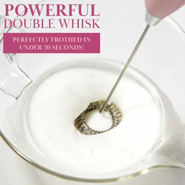 Alt view image 4 of 7 - Paris Hilton Electric Handheld Milk Frother with Double Coil Head Whisk and Gold Metal Stand, Battery Powered (2 AA Batteries Required but Not Included), Pink