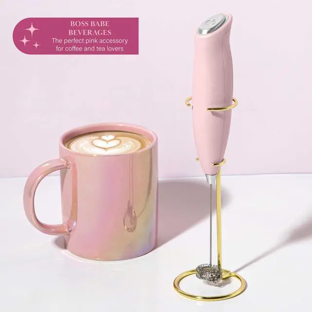 Alt view image 5 of 7 - Paris Hilton Electric Handheld Milk Frother with Double Coil Head Whisk and Gold Metal Stand, Battery Powered (2 AA Batteries Required but Not Included), Pink