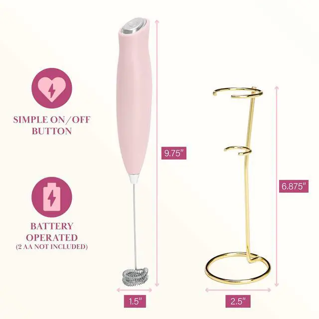 Alt view image 6 of 7 - Paris Hilton Electric Handheld Milk Frother with Double Coil Head Whisk and Gold Metal Stand, Battery Powered (2 AA Batteries Required but Not Included), Pink