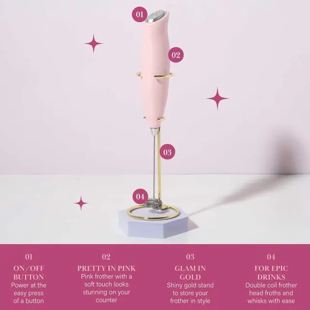 Alt view image 7 of 7 - Paris Hilton Electric Handheld Milk Frother with Double Coil Head Whisk and Gold Metal Stand, Battery Powered (2 AA Batteries Required but Not Included), Pink
