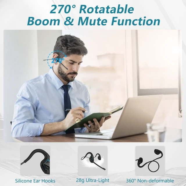 Alt view image 4 of 7 - Bluetooth Headset with Microphone, Open Ear Headphones with Mic | Wireless Headset w/ Noise Cancelling Mic for Phone PC Computer, Light & Comfortable for Office Meeting Home Working-10 Hrs