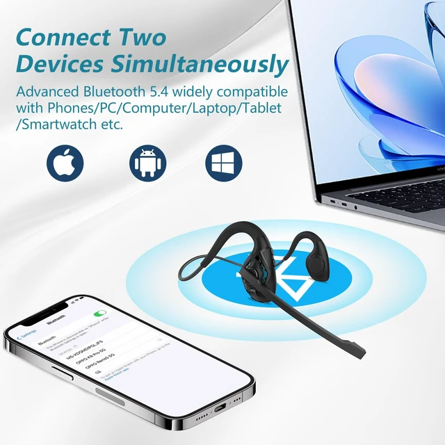 Alt view image 5 of 7 - Bluetooth Headset with Microphone, Open Ear Headphones with Mic | Wireless Headset w/ Noise Cancelling Mic for Phone PC Computer, Light & Comfortable for Office Meeting Home Working-10 Hrs