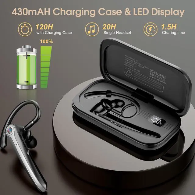 Alt view image 4 of 7 - Atheewon Bluetooth Headset, Wireless Bluetooth Earpiece with ENC Noise Canceling Mic, 120Hrs Talk Single-Ear Headphones, LED Display, IPX7, V5.4 Hand-Free Earphone for Business/Trucker/Driver, Black