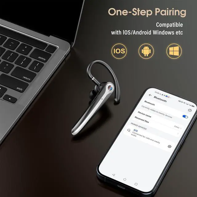 Alt view image 6 of 7 - Atheewon Bluetooth Headset, Wireless Bluetooth Earpiece with ENC Noise Canceling Mic, 120Hrs Talk Single-Ear Headphones, LED Display, IPX7, V5.4 Hand-Free Earphone for Business/Trucker/Driver, Black