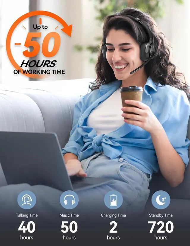 Alt view image 2 of 7 - Wireless Headset with Mic for Work, V6.0 Bluetooth Headset with AI Noise-Cancelling Microphone & USB-A Dongle, 50H Playtime & Mute, On-Ear Headphones for PC, Laptop, Phone, Office & Trucker