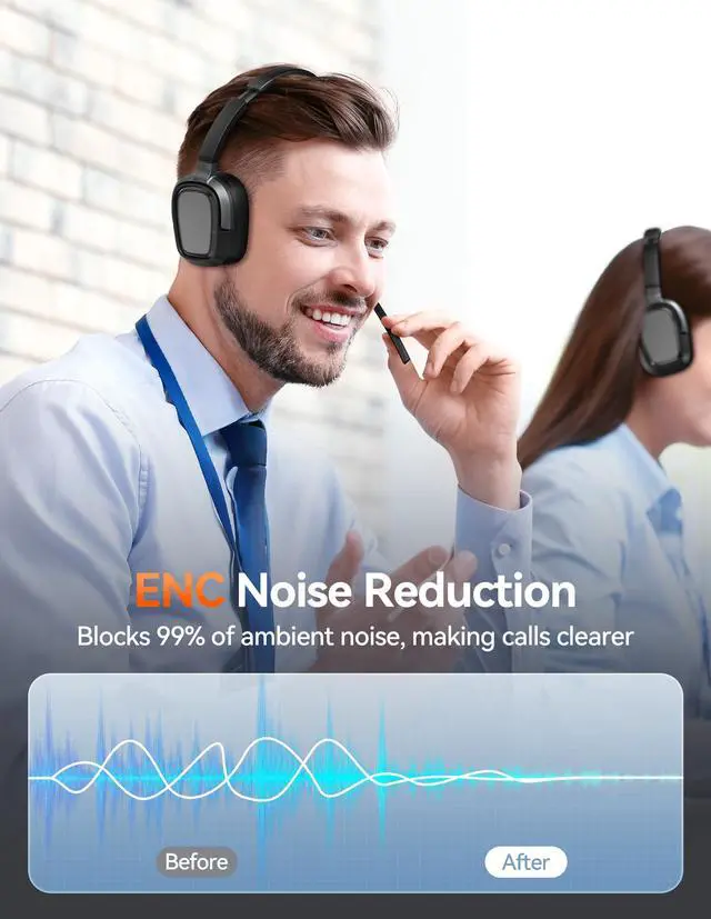 Alt view image 3 of 7 - Wireless Headset with Mic for Work, V6.0 Bluetooth Headset with AI Noise-Cancelling Microphone & USB-A Dongle, 50H Playtime & Mute, On-Ear Headphones for PC, Laptop, Phone, Office & Trucker