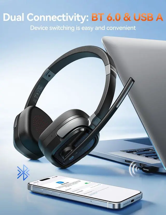 Alt view image 4 of 7 - Wireless Headset with Mic for Work, V6.0 Bluetooth Headset with AI Noise-Cancelling Microphone & USB-A Dongle, 50H Playtime & Mute, On-Ear Headphones for PC, Laptop, Phone, Office & Trucker