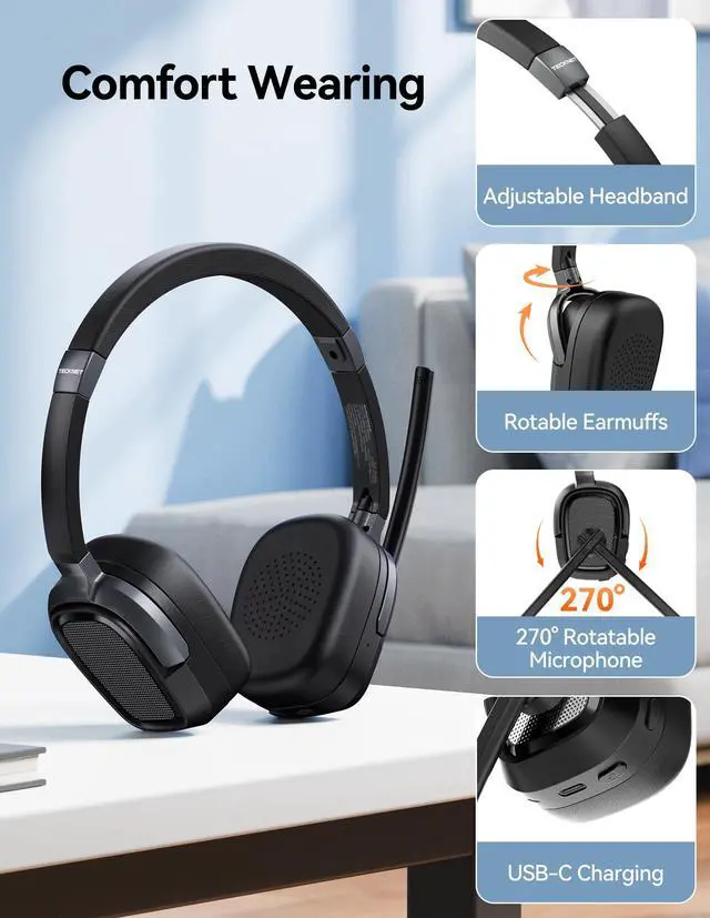 Alt view image 6 of 7 - Wireless Headset with Mic for Work, V6.0 Bluetooth Headset with AI Noise-Cancelling Microphone & USB-A Dongle, 50H Playtime & Mute, On-Ear Headphones for PC, Laptop, Phone, Office & Trucker