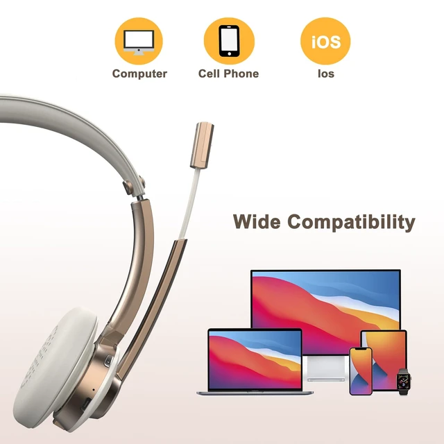 Alt view image 6 of 6 - Bluetooth Headset with Microphone, Wireless Headphones with Noise Cancelling Mic, 26hrs talktime, On Ear Headphones with Mic Mute for Mac/Laptop/Zoom/Teams/Call Center/Office/Home Gold
