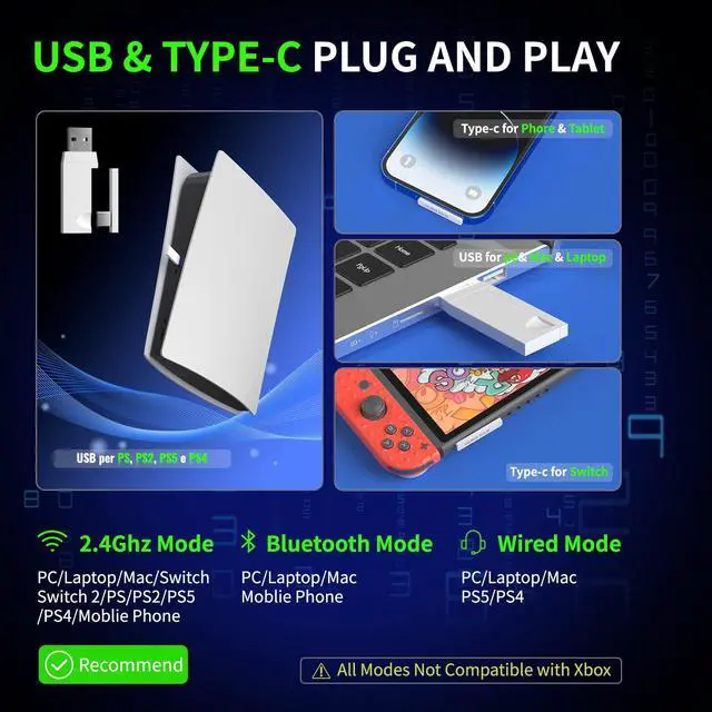 Alt view image 5 of 7 - Black Emblem X2 Wireless Gaming Headset, 2.4GHz Gaming Headphones with Mic, Bluetooth 5.4, 50H Battery, Breathable Earcups, Lightweight Wireless Headset for PC/PS5/PS4/Switch