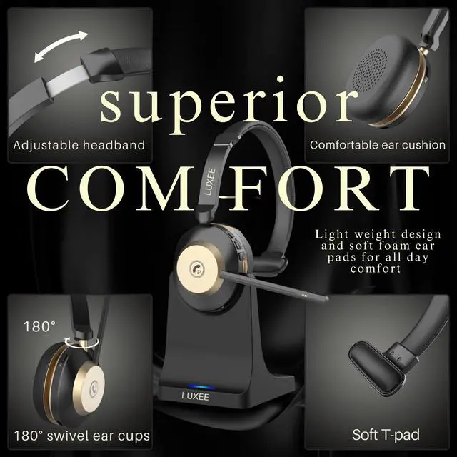 Alt view image 5 of 7 - LUXEE Wireless Headset with Mic - Noise Cancelling Bluetooth Headphones for Truckers, Zoom & Computer - V5.3 Long Battery Life Single-Ear Wireless Headphone for Office, Home & Driving