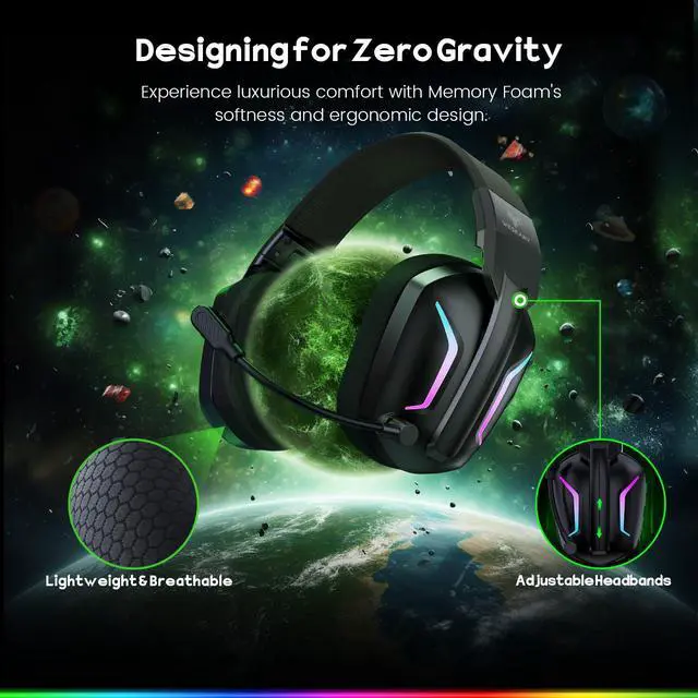 Alt view image 7 of 7 - WESEARY Wireless Gaming Headsets for PC, PS5, PS4, Switch, Mac, 2.4GHz Wireless Gaming Headphone with ENC Noise Canceling Microphone, Bluetooth 5.4, Cool Lighting, 50H Battery, 50mm Drivers