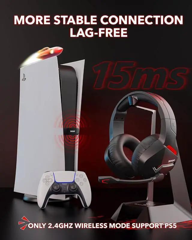 Alt view image 2 of 7 - BINNUNE Wireless Gaming Headset for PS5 PC, 120H Ultra-Long Battery, 2.4GHz & Bluetooth 5.3 Wireless Headphones with Noise Canceling Mic, 50mm Drivers, Comfort Over Ear Headphones, Black