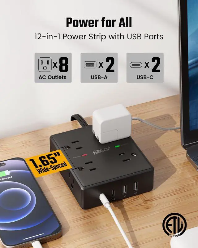 Alt view image 3 of 7 - 15Ft Extension Cord with Multiple Outlets, Flat Plug Power Strip Surge Protector with 15 Ft Long Cord, 8 Outlet 4 USB Ports (2 USB C), Desk Charging Station for Home Office, College Dorm Room