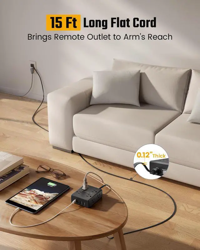 Alt view image 2 of 7 - 15Ft Extension Cord with Multiple Outlets, Flat Plug Power Strip Surge Protector with 15 Ft Long Cord, 8 Outlet 4 USB Ports (2 USB C), Desk Charging Station for Home Office, College Dorm Room