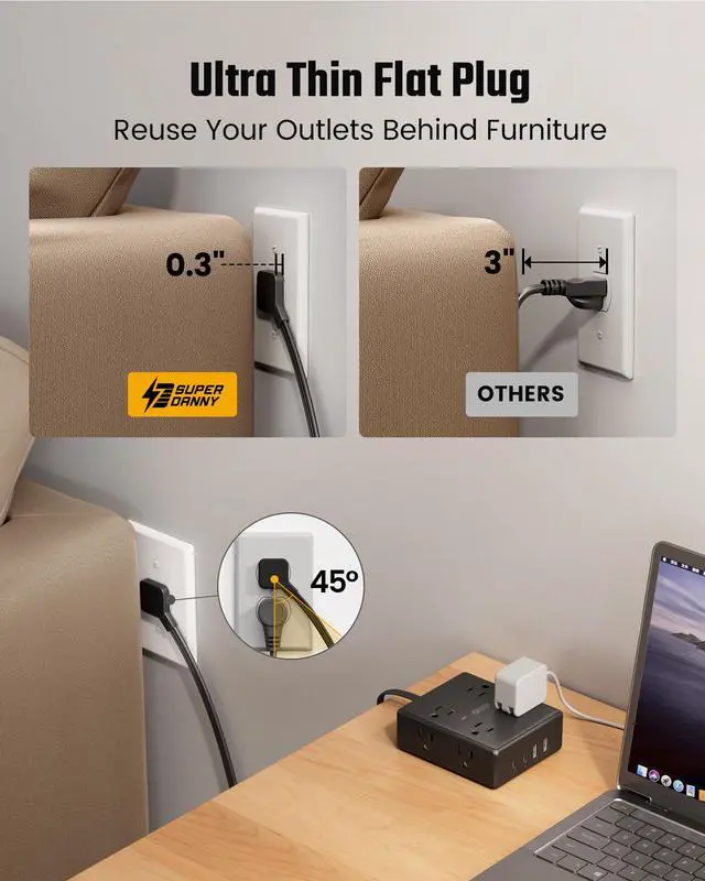 Alt view image 6 of 7 - 15Ft Extension Cord with Multiple Outlets, Flat Plug Power Strip Surge Protector with 15 Ft Long Cord, 8 Outlet 4 USB Ports (2 USB C), Desk Charging Station for Home Office, College Dorm Room