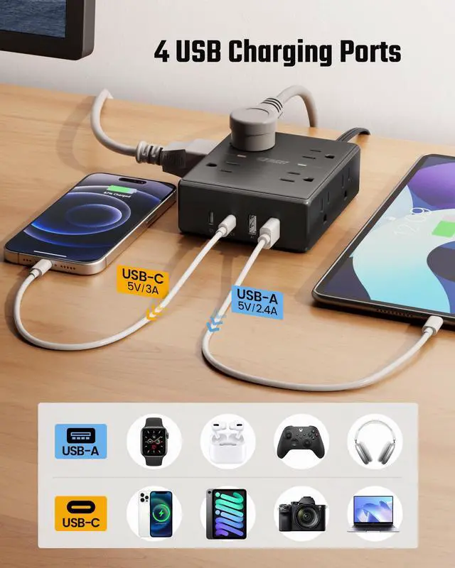 Alt view image 4 of 7 - 15Ft Extension Cord with Multiple Outlets, Flat Plug Power Strip Surge Protector with 15 Ft Long Cord, 8 Outlet 4 USB Ports (2 USB C), Desk Charging Station for Home Office, College Dorm Room