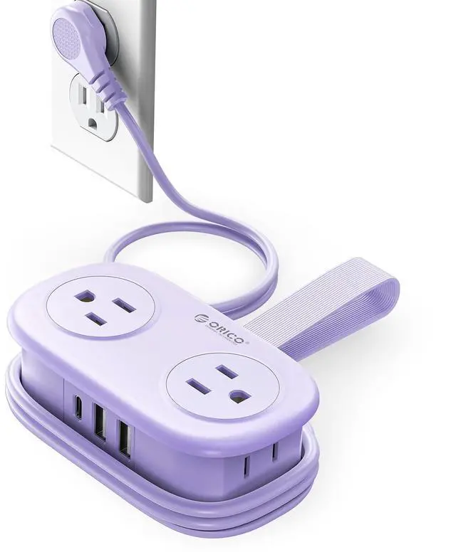 Main image of ORICO 4FT Purple Travel Power Strip with 4 AC Outlets, 2 USB-A Ports, and 1 USB-C Port, 45° Flat Plug Extension Cord with Non Surge Protector for Travel/Home/Dorm/Office-AP3