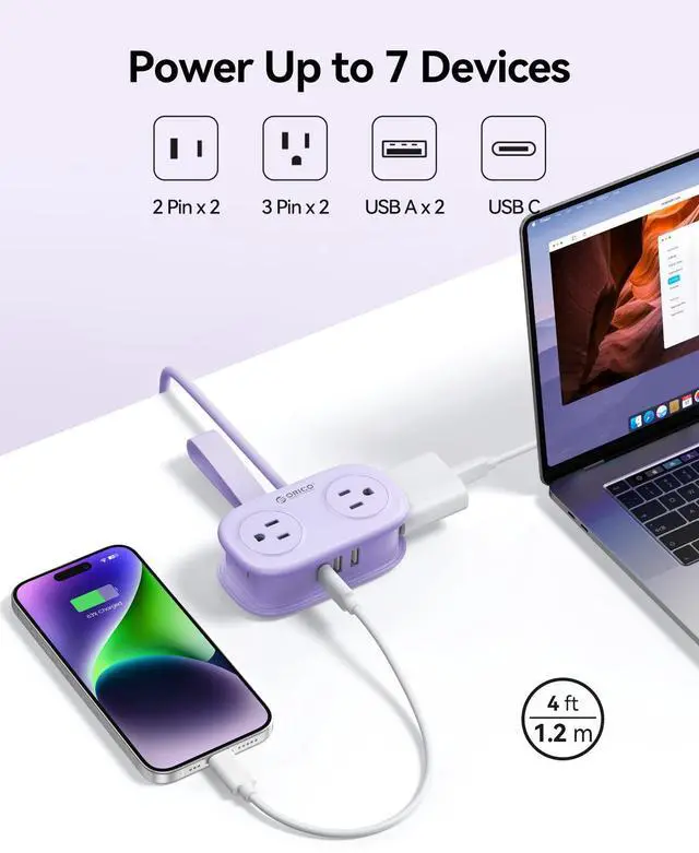 Alt view image 3 of 7 - ORICO 4FT Purple Travel Power Strip with 4 AC Outlets, 2 USB-A Ports, and 1 USB-C Port, 45° Flat Plug Extension Cord with Non Surge Protector for Travel/Home/Dorm/Office-AP3