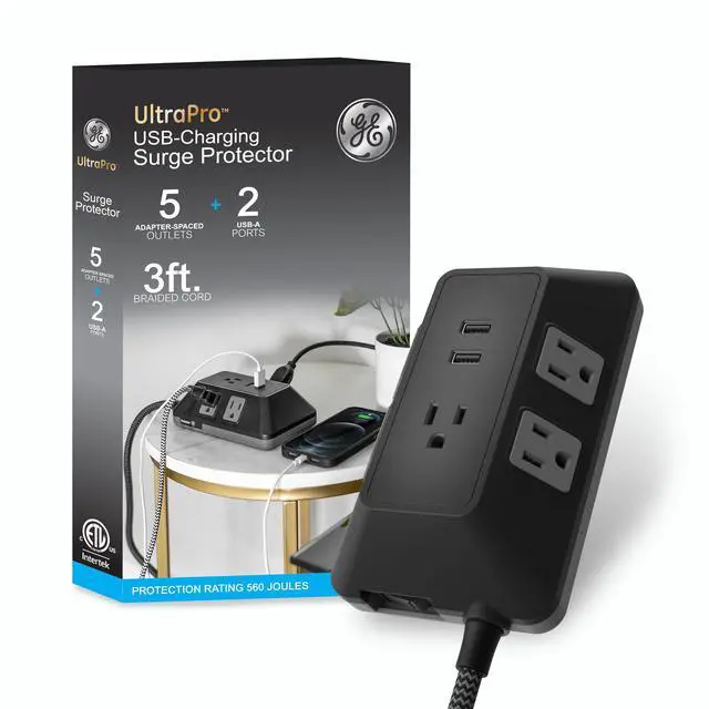 Main image of GE UltraPro Adapt 5-Outlet Surge Protector with USB Ports, 2 USB-A Ports, 2.4A, 3ft Braided Cord Power Strip Surge Protector, 560 Joules, Black, 73777