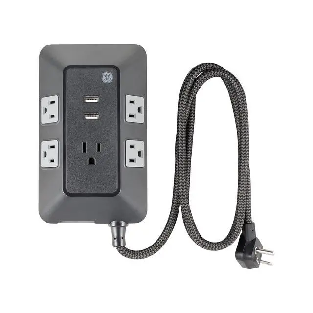 Alt view image 2 of 7 - GE UltraPro Adapt 5-Outlet Surge Protector with USB Ports, 2 USB-A Ports, 2.4A, 3ft Braided Cord Power Strip Surge Protector, 560 Joules, Black, 73777