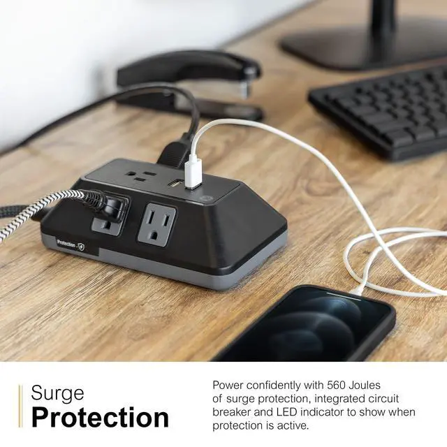 Alt view image 6 of 7 - GE UltraPro Adapt 5-Outlet Surge Protector with USB Ports, 2 USB-A Ports, 2.4A, 3ft Braided Cord Power Strip Surge Protector, 560 Joules, Black, 73777