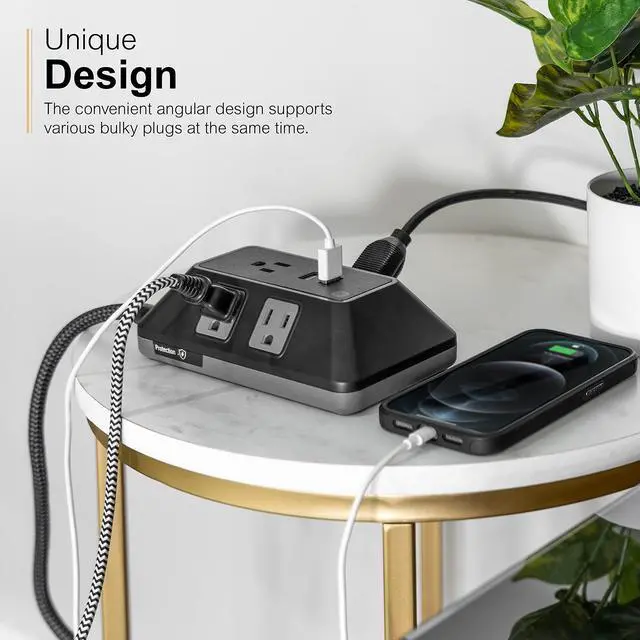 Alt view image 5 of 7 - GE UltraPro Adapt 5-Outlet Surge Protector with USB Ports, 2 USB-A Ports, 2.4A, 3ft Braided Cord Power Strip Surge Protector, 560 Joules, Black, 73777